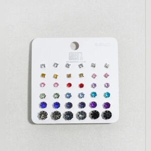 Multi-Color Rhinestone Stud Earrings 15 Pairs Pack -Silver